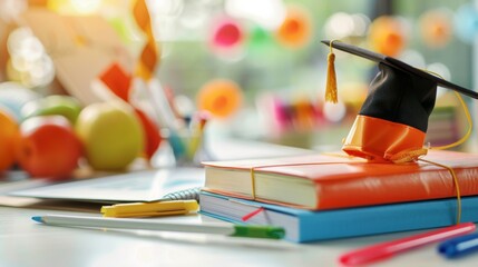 Graduation hat on yearbooks at a freshman party, college supplies scattered around. Concept of learning, education and graduation.