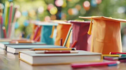 Graduation hat and yearbooks at a freshman party, college supplies scattered around. Concept of learning, education and graduation.