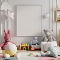 Whimsical and Playful Kid's Room Poster Frame Mockup with Vibrant Decor and Toys