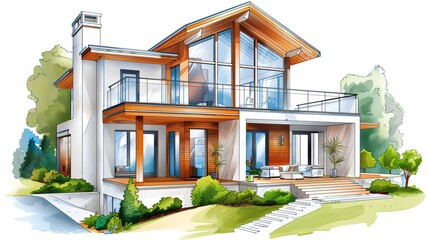 Luxury Modern House with Large Windows and Garden Patio. House Interior stock illustration House.
