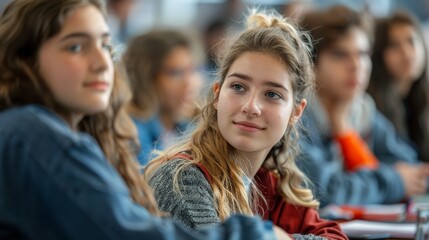 University students participating in a group discussion, lively exchange of ideas in a seminar room.