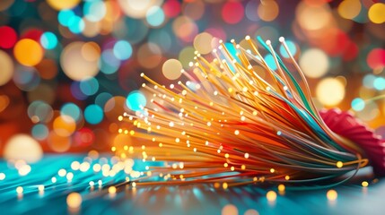 Abstract close up fiber optics light for background. Bundle of fiber optic cables. Optical fiber cable Colorful illustration created using generative AI tools