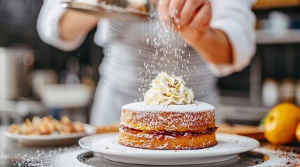 Chef cook in a professional kitchen cooking cakes. Close up a cakes sprinkled with icing sugar.