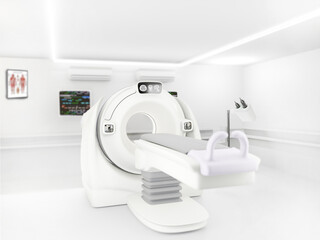 The CT scan room features a 3D rendering  CT scanner, used for high-resolution medical diagnostics.