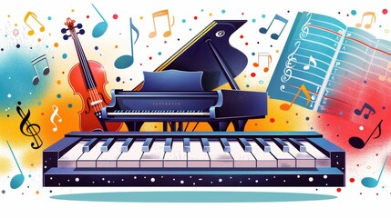 Classical music collage background abstract design with grand piano, piano keyboard, violin key, notes, and sheet music.