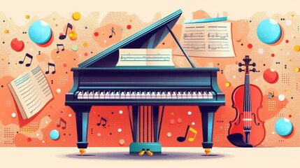 Classical music collage background abstract design with grand piano, piano keyboard, violin key, notes, and sheet music.