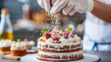 Chef cook in a professional kitchen cooking cakes. Close up a cakes sprinkled with icing sugar.