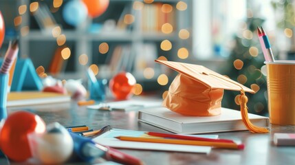 Graduation hat on yearbooks at a freshman party, college supplies scattered around. Concept of learning, education and graduation.