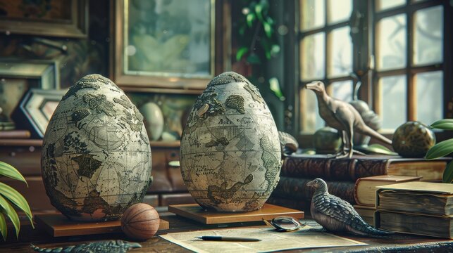 Dinosaur eggs on a classic desk setup, symbolizing growth with a touch of fantasy, illustration background