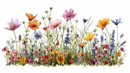 Colorful Wildflowers in Bloom, A vibrant array of wildflowers in full bloom, showcasing a mix of colors and types in a natural setting.
