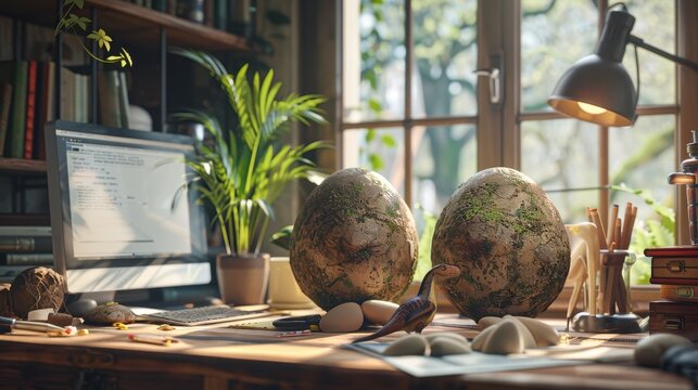 Dinosaur eggs on a classic desk setup, symbolizing growth with a touch of fantasy, illustration background
