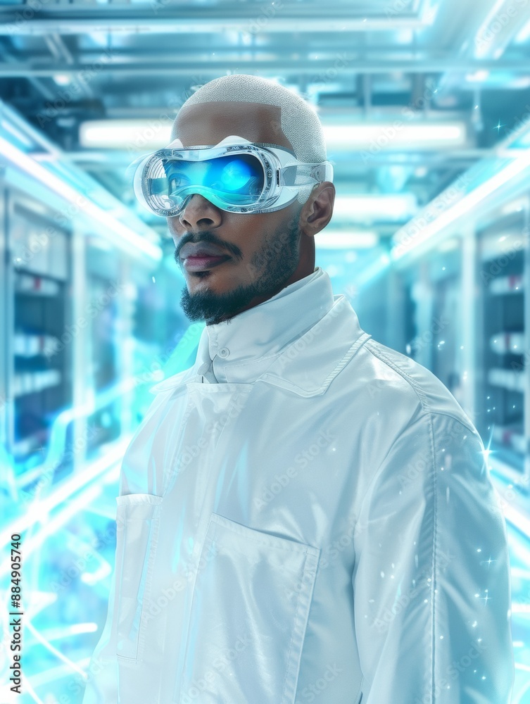 Aufkleber confident multiracial male scientist in high-tech lab with ai goggles celebrates world science day