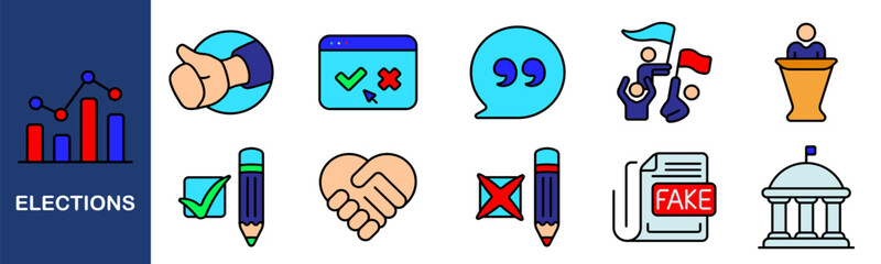 Elections set icon. Voting, analysis, candidate, debate, approval, campaign, fake news, polling, handshake, electronic voting, government, democracy, political engagement.