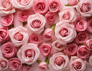 Obraz premium Top view of pink rose blossoms backgrounds /wallpaper. Rose flowers in bloom