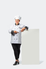 Indian Asian Female Chef in Uniform with Blank Signboard - Professional Cook