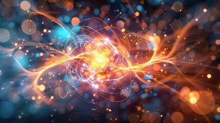 Obraz premium Quantum Mechanics: Physics theory explaining particle behavior at atomic and subatomic levels, characterized by probabilities instead of certainties. 