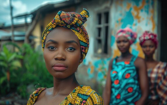 Three women wearing colorful head scarves stand in front of a house. The women are smiling and appear to be happy
