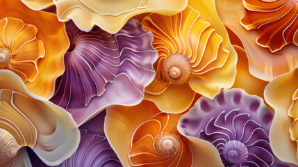 An elaborate display of overlapping seashells in shades of orange, yellow, and purple, creating a mesmerizing pattern