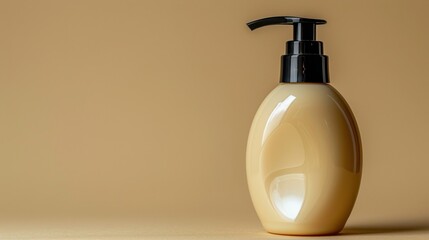Minimalist beige liquid soap dispenser bottle with black pump, set against a matching background, ideal for product advertising and packaging design.