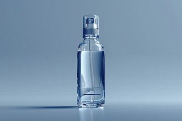 Minimalist clear spray bottle on a blue background, ideal for packaging, cosmetic, or skincare product presentations.