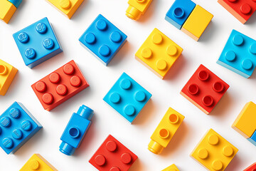 A vibrant set of building blocks arranged on a white background