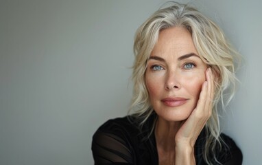 Fototapeta premium A woman with blonde hair and blue eyes is posing for a picture. She is wearing a black dress and has a hand on her face. Concept of confidence and self-assurance