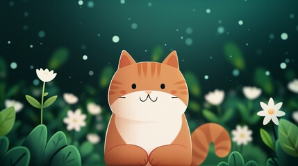 Cute orange cat sitting in a field of flowers cartoon illustration.