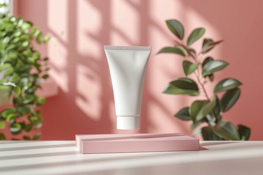 A white cosmetic tube displayed on a pink platform with green plants in the background, set against a pink backdrop with shadows from window blinds. - Powered by Adobe