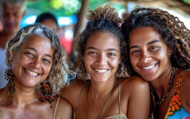 Fototapeta premium Three women smiling and posing for a photo. Scene is happy and friendly. The women are wearing colorful clothing and accessories, such as earrings and necklaces. They are all smiling
