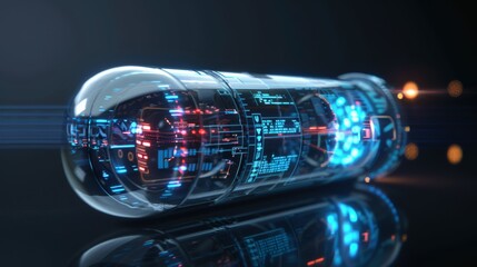 Futuristic Transparent Capsule With Blue And Red Digital Interface