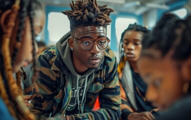 Obraz premium A group of people are sitting together, one of them wearing glasses and a camo jacket. The man with glasses is looking at the camera
