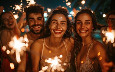 Obraz premium A group of people are smiling and holding sparklers. Scene is happy and celebratory