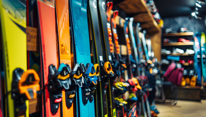 Ski shop sale. Rows of colourful alpine skis in modern sport equipment store