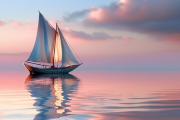 Fototapeta premium A traditional wooden dhow sailing boat on calm waters at sunset, with pastel pink and blue sky reflecting in the water, with copy space for text or design. Travel concept.