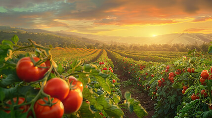 A vibrant field of tomatoes basking in the golden glow of sunset