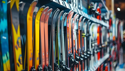 Ski shop sale. Rows of colourful alpine skis in modern sport equipment store