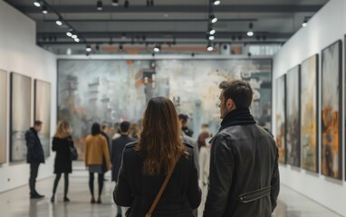 A man and woman stand in front of a painting in a museum. The painting is abstract and has a lot of colors. There are many other people in the museum, looking at different paintings