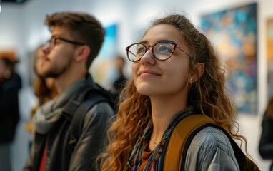 A woman with glasses is smiling at a painting. She is wearing a backpack and a scarf