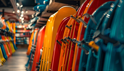 Fototapeta premium Ski shop sale. Rows of colourful alpine skis in modern sport equipment store