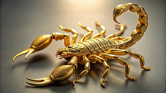 render depicting a detailed and intricate gold scorpion sculpture, gold, scorpion,render, sculpture, detailed, intricate, shiny