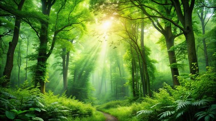 Fototapeta premium Lush green forest with vibrant foliage, a symphony of natural sounds in the summer , summer forest