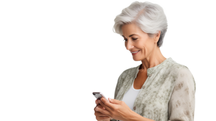 Middle-aged woman interacting with smartphone, engaging in social media and internet browsing on transparent background, ideal for technology and lifestyle themes