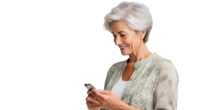 Middle-aged woman interacting with smartphone, engaging in social media and internet browsing on transparent background, ideal for technology and lifestyle themes