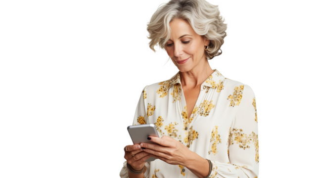 Middle-aged woman interacting with smartphone, engaging in social media and internet browsing on transparent background, ideal for technology and lifestyle themes