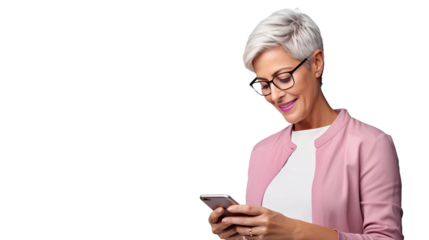 Middle-aged woman interacting with smartphone, engaging in social media and internet browsing on transparent background, ideal for technology and lifestyle themes