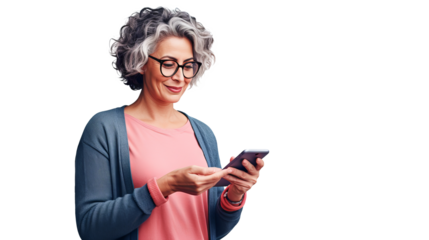 Middle-aged woman interacting with smartphone, engaging in social media and internet browsing on transparent background, ideal for technology and lifestyle themes