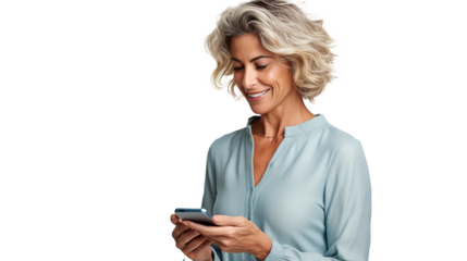 Middle-aged woman interacting with smartphone, engaging in social media and internet browsing on transparent background, ideal for technology and lifestyle themes