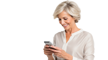 Middle-aged woman interacting with smartphone, engaging in social media and internet browsing on transparent background, ideal for technology and lifestyle themes