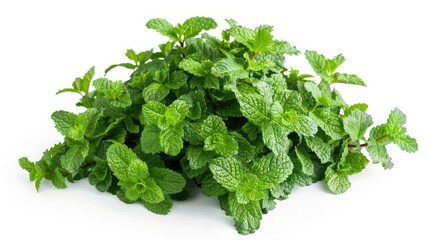 Fototapeta premium One whole mint plant, with its aromatic green leaves and stems, placed against a white background, showcasing its freshness and vibrant color in a simple setting.