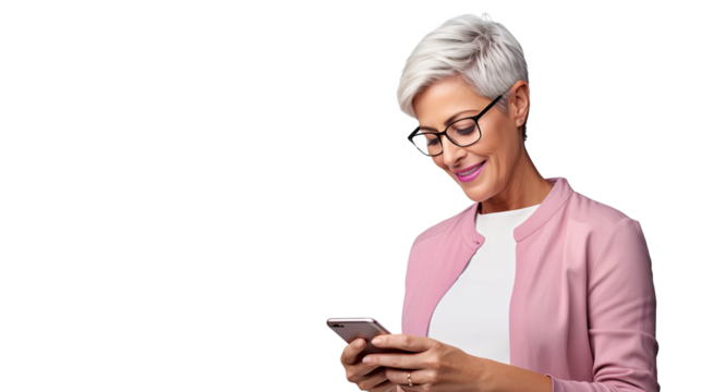 Middle-aged woman interacting with smartphone, engaging in social media and internet browsing on transparent background, ideal for technology and lifestyle themes